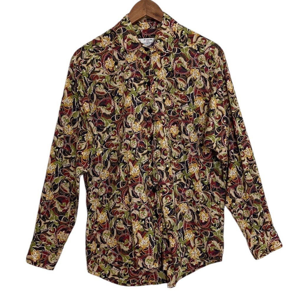 Vintage Tilley Blouse Womens Large Tan Maroon Viyella Cotton Long Sleeve Top